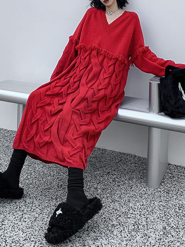 Long Sleeves Loose Solid Color Split-Joint Tasseled V-Neck Midi Dresses Sweater Dresses