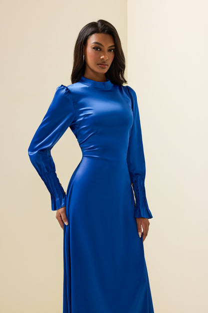 Solid Satin Lantern Sleeve Midi Dress