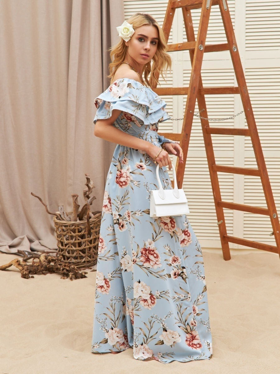 Floral Dress Off The Shoulder High Slit Ruffles Casual Summer Maxi Dresses