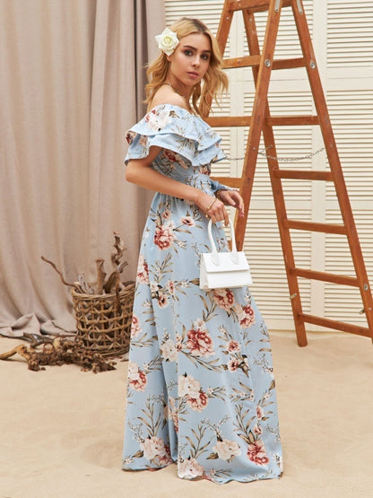 Floral Dress Off The Shoulder High Slit Ruffles Casual Summer Maxi Dresses