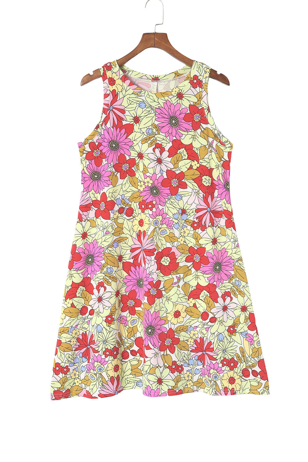 Red Round Neck Sleeveless Floral Mini Dress