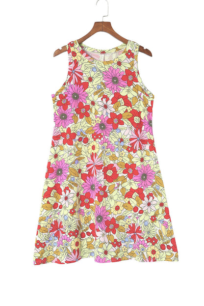 Red Round Neck Sleeveless Floral Mini Dress