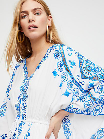 Boho Maxi Dress V Neck Long Sleeves Embroidered Summer Dress