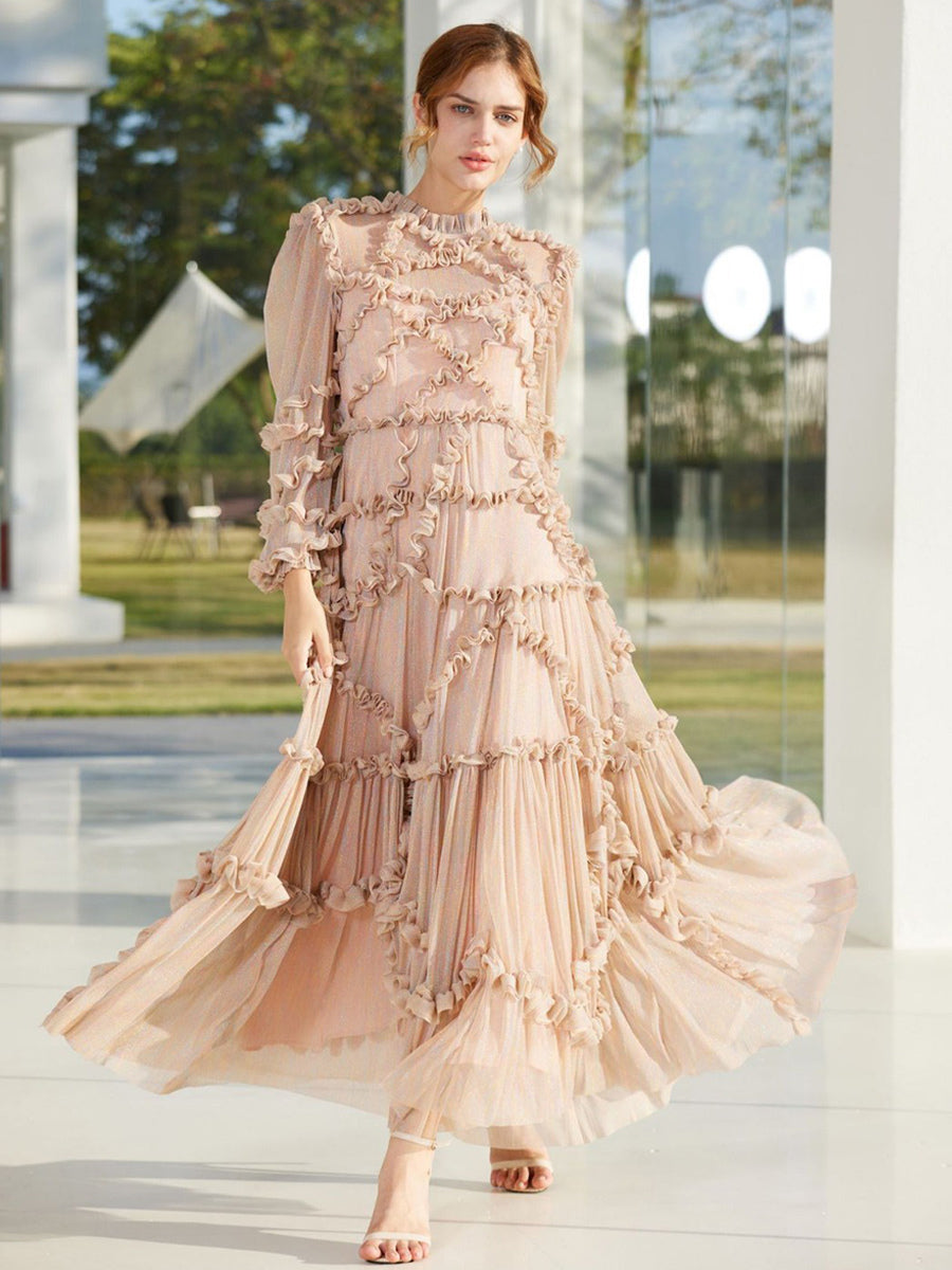 Ruffles Dress Illusion Long Sleeves High Collar Tulle Party Maxi Dresses