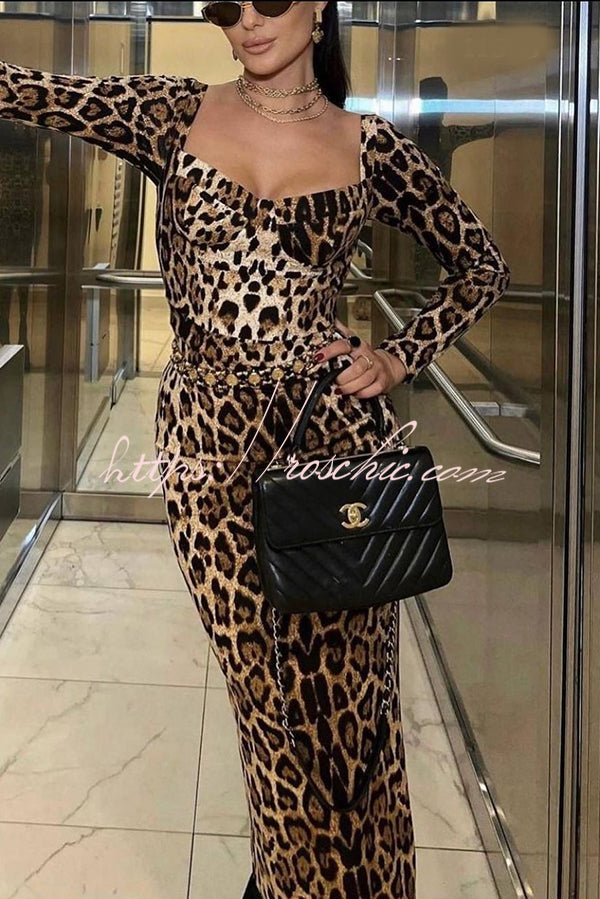 Leopard Print Long Sleeve Sexy Slim Fit Midi Dress