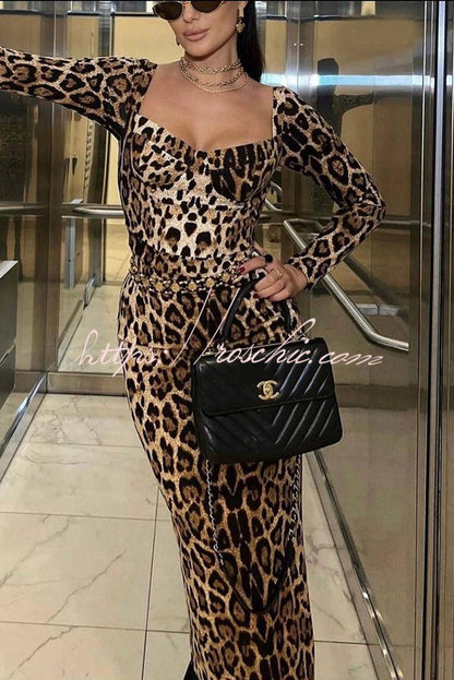 Leopard Print Long Sleeve Sexy Slim Fit Midi Dress