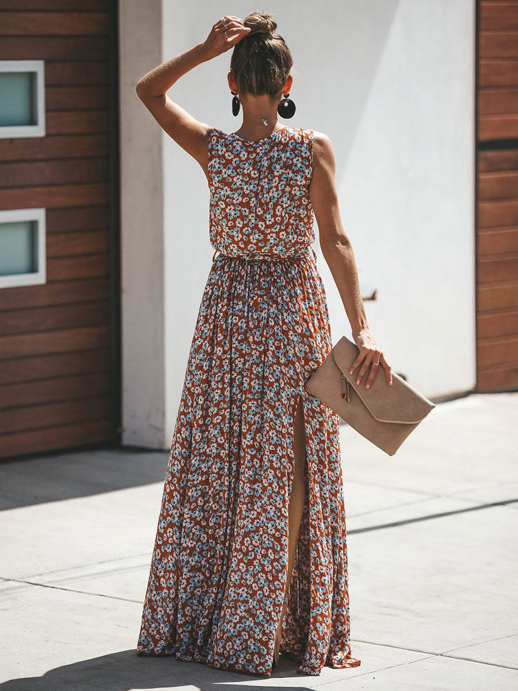 Floral Maxi Dress Sleeveless V Neck Split Summer Dress