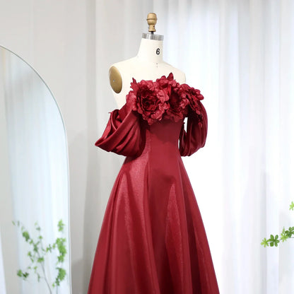 Burgundy 3D Flower Off-Shoulder Satin Evening Dress