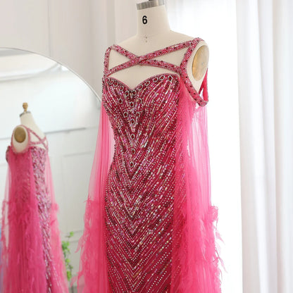 Crystal Fuchsia Mermaid Evening Dresses with Cape Sleeves