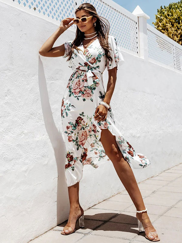 Summer Midi Dress White V-Neck Lace Up Floral Print Beach Dress
