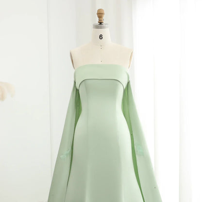 Crystal 3D flower Sage Green Satin Dress with Cape