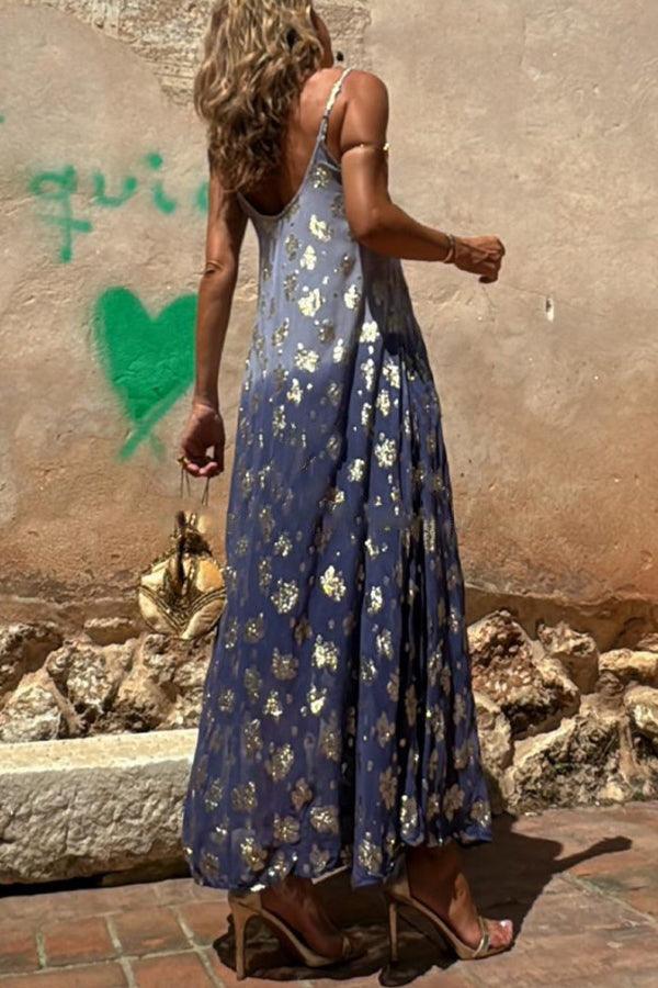 TIE DYE GRADIENT GOLDEN FLOWER PRINT POCKETED A-LINE SLIP MAXI DRESS
