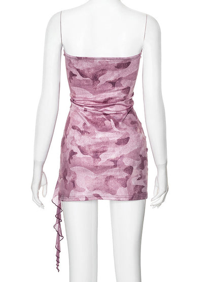 Printed Dress Off The Shoulder Backless Ruffles Sheath Mini Dresses