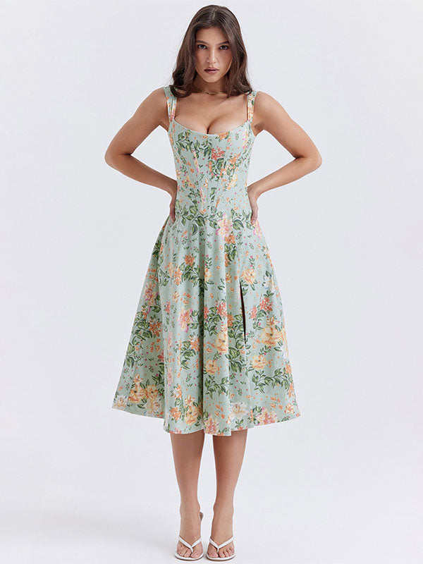 Floral Midi Dresses Backless Split Front U-Neck Sleeveless Lace-up Side Slit Chic Dress