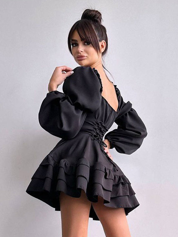 Mini Dresses Black Long Sleeves Pleated Polyester Layered Short Dress For Women