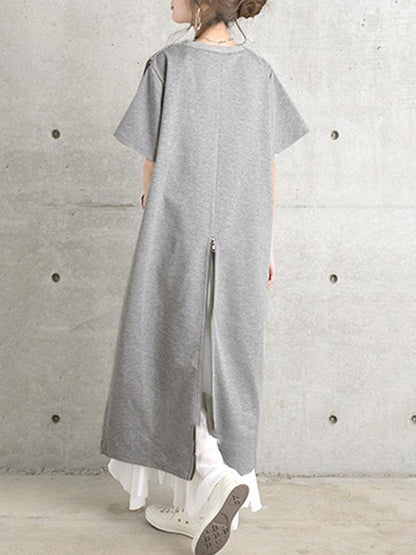Loose Short Sleeves Pleated Solid Color Split-Joint Round-Neck Midi Dresses