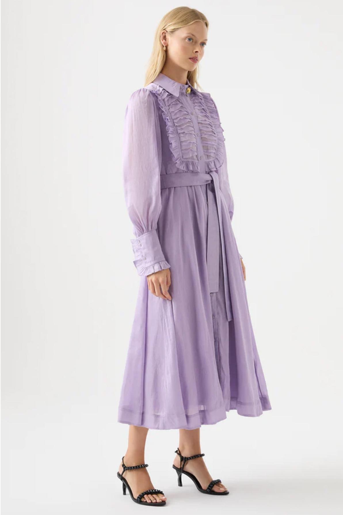 Solid Lantern Sleeve Frill Midi Dress With Belt Purple