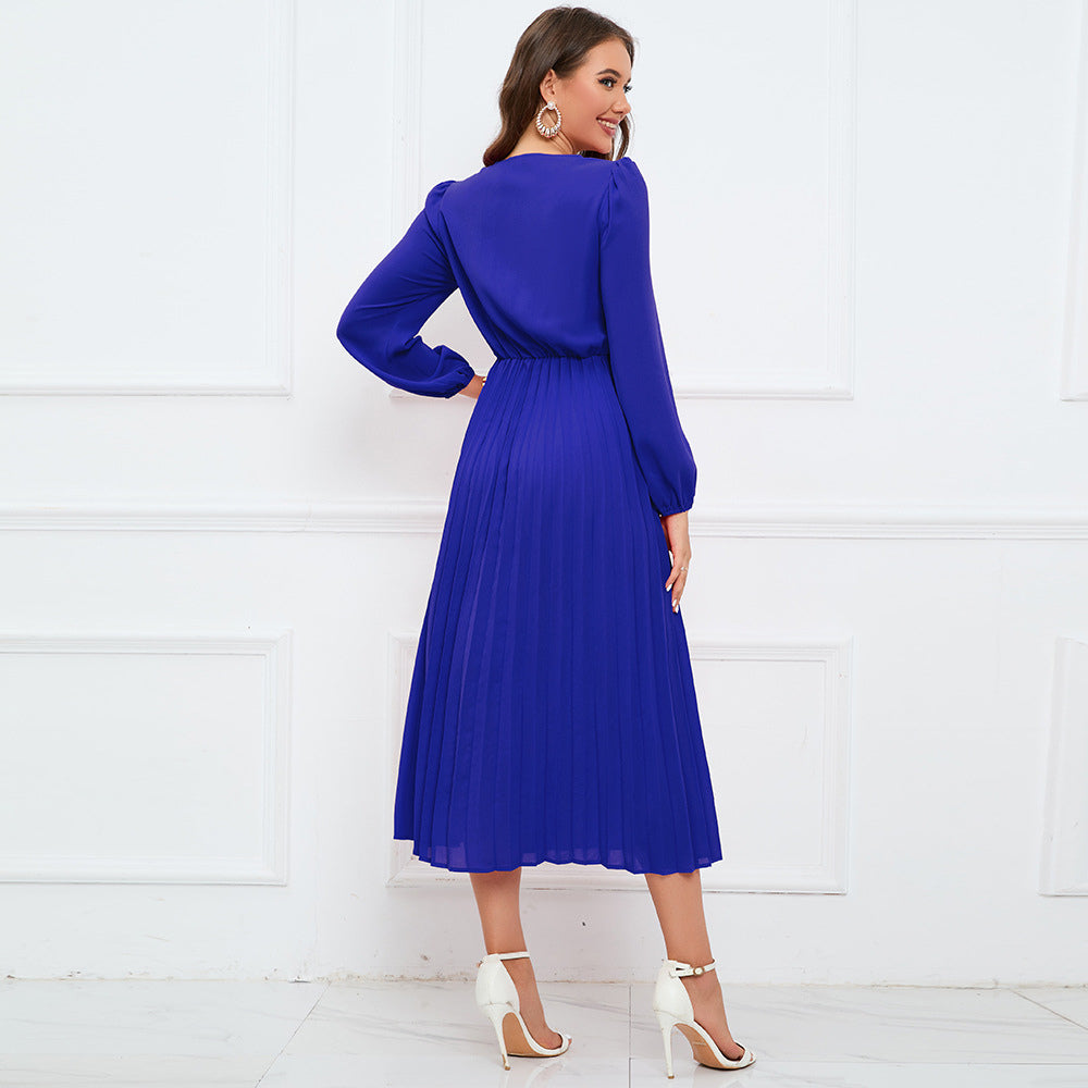 Midi Dress Pleated V-Neck Long Sleeves Casual Fall Dresses