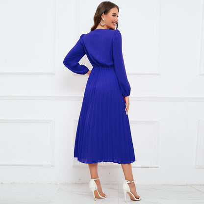 Midi Dress Pleated V-Neck Long Sleeves Casual Fall Dresses