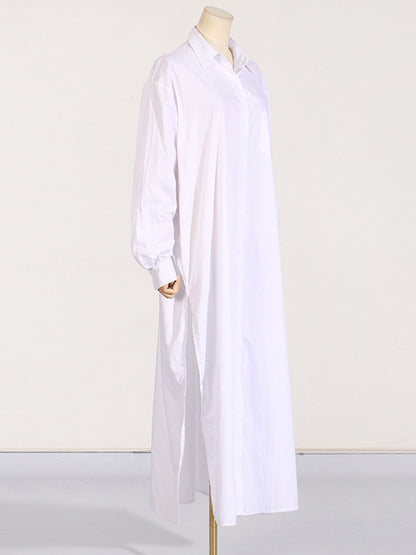 Long Sleeves Loose See-Through Solid Color Split-Joint Split-Side Lapel Maxi Dresses Shirt Dress