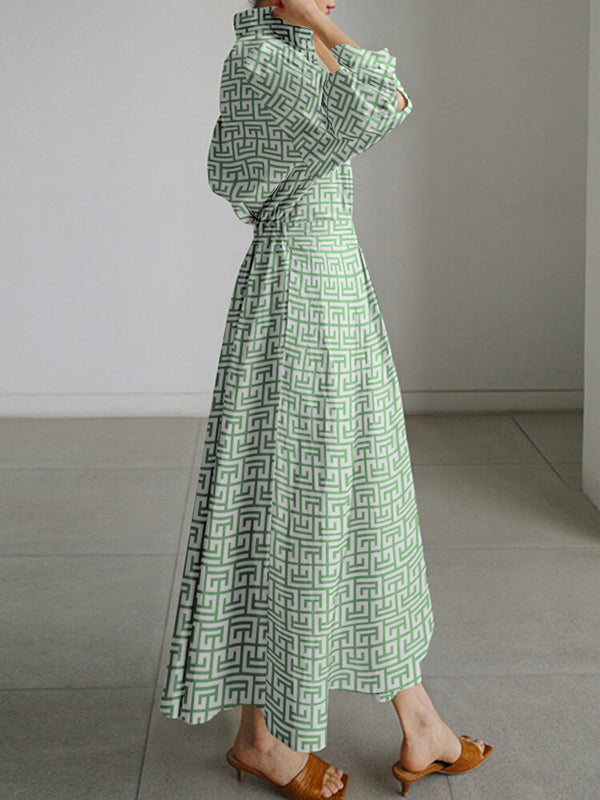 Long Sleeves Loose Pleated Printed Tied Waist Lapel Shirt Dress