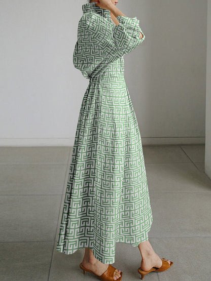 Long Sleeves Loose Pleated Printed Tied Waist Lapel Shirt Dress