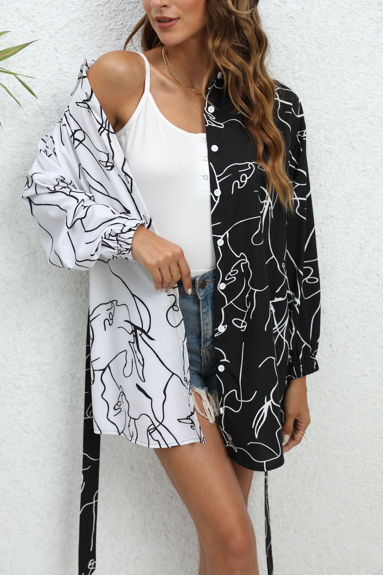 Long Sleeves Loose Contrast Color Printed Split-Joint Tied Waist Lapel Mini Dresses Shirt Dress
