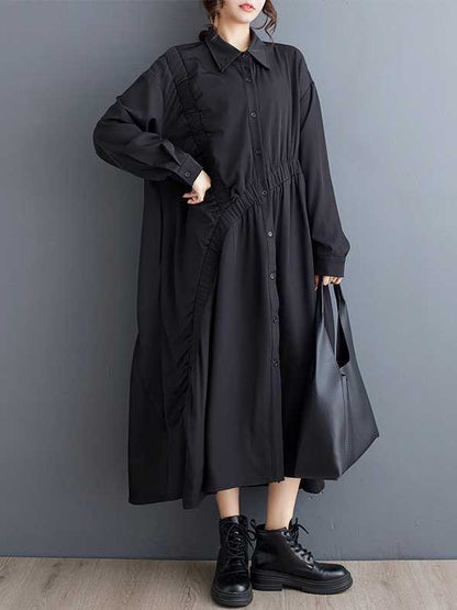 A-Line Long Sleeves Asymmetric Buttoned Elasticity Pleated Pockets Solid Color Lapel Midi Dresses Shirt Dress