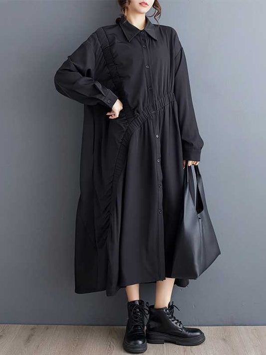 A-Line Long Sleeves Asymmetric Buttoned Elasticity Pleated Pockets Solid Color Lapel Midi Dresses Shirt Dress