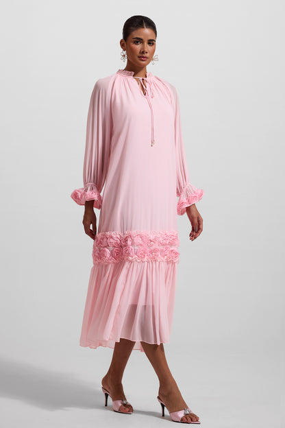 3D Floral Frill Long Sleeve Midi Dress