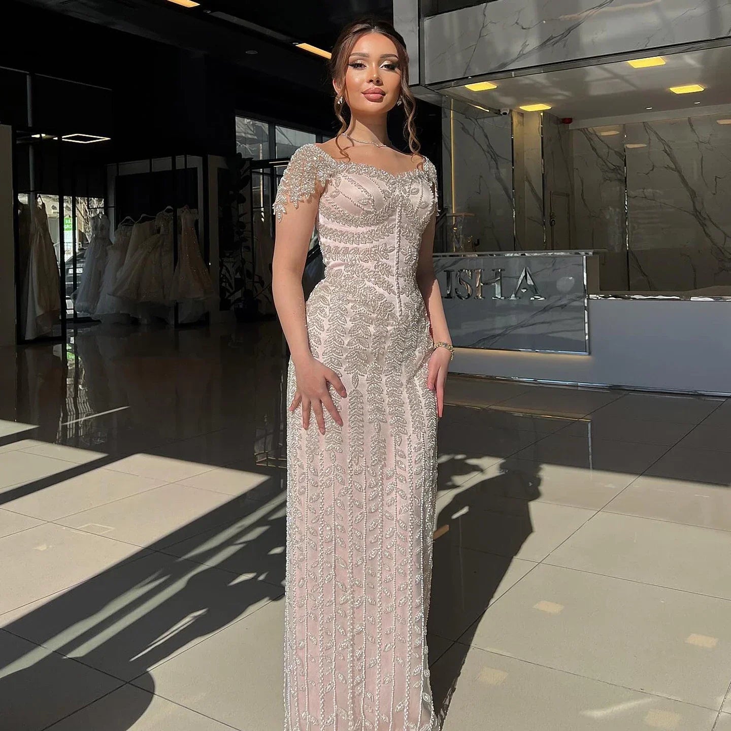 Cream tassel Straight  Pink Evening Dress