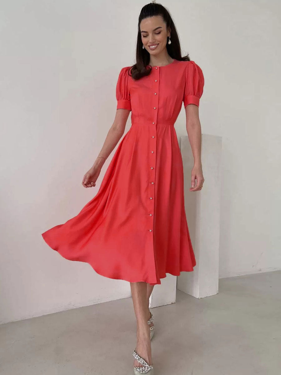 Buttons Fashionable Dress Jewel Neck Short Sleeves Midi Dress