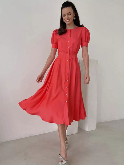 Buttons Fashionable Dress Jewel Neck Short Sleeves Midi Dress