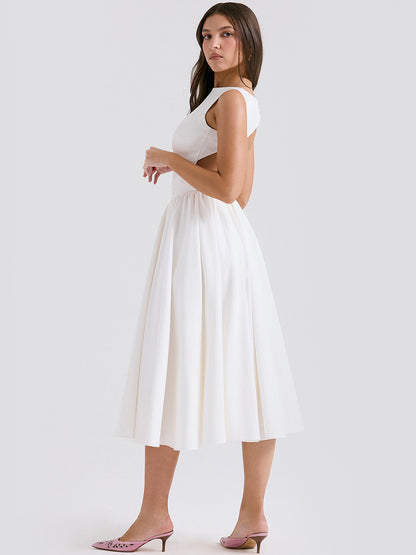 White Dress Boatneck Sleeveless Open Back Brunch Party Midi Dresses