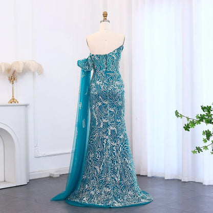 Mermaid Cape Sleeve Scalloped Green Evening Dress