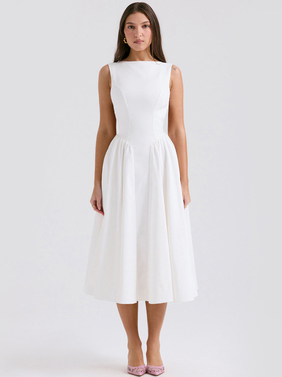 White Dress Boatneck Sleeveless Open Back Brunch Party Midi Dresses