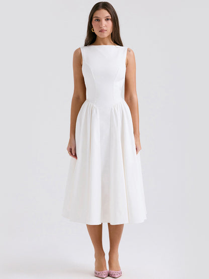 White Dress Boatneck Sleeveless Open Back Brunch Party Midi Dresses