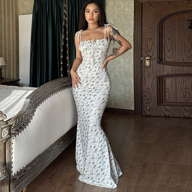 Tie Shoulder Fishtail Hem Floral Print Maxi Dress