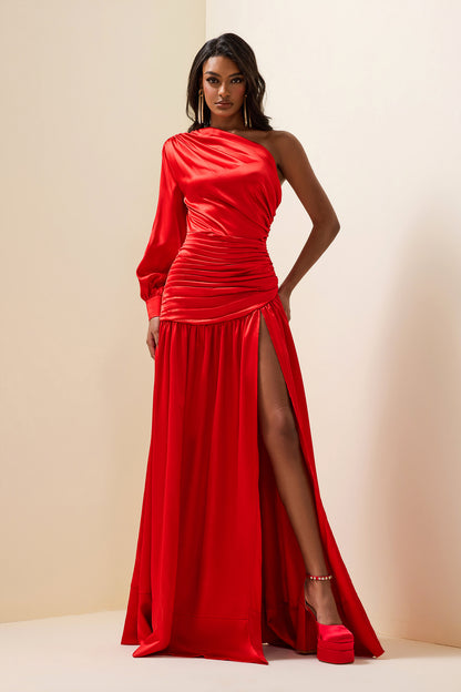 Satin Pleat One-Shoulder Long Sleeve Maxi Dress