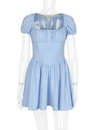 Short Dress Pleated Square Neck Puff Sleeves Graduation Party Mini Dresses