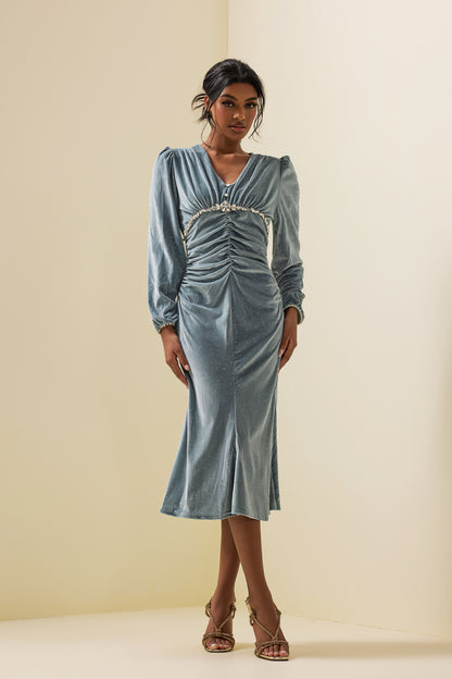 Solid Velvet Rhinestone Midi Dress