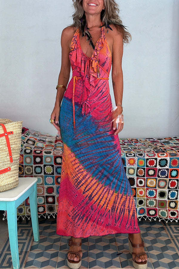 Tie-dye Print Ruffle Neck Halter Lace-up Backless Stretch Maxi Dress
