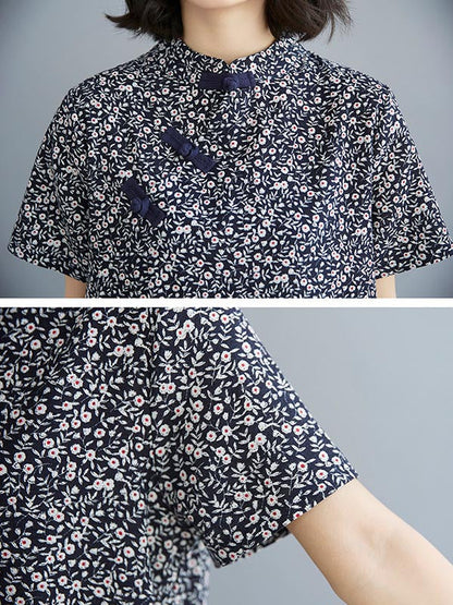 Artistic Retro Floral Printed Stand Collar Short Sleeves Cheongsam Midi Dress