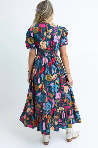 charming green retro floral maxi dress