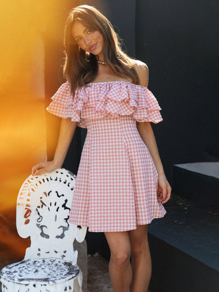 Barbie Pink Gingham Dress Bateau Neck Ruffles Plaid Summer Mini Dress