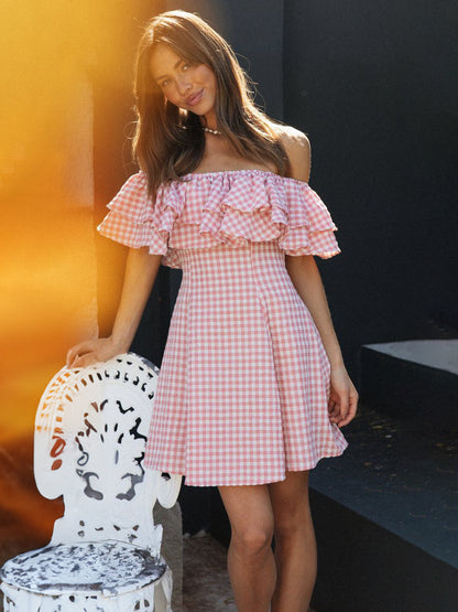 Barbie Pink Gingham Dress Bateau Neck Ruffles Plaid Summer Mini Dress