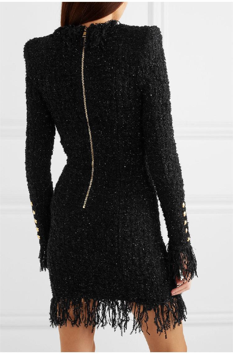 Tassel Hem Metal Button V-Neck Mini Dress