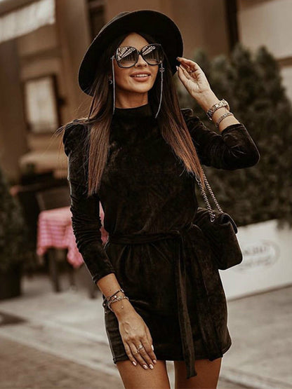 Velvet Dress Coffee Brown Knotted Pleated Party Long Sleeves High Collar Fall Short Mini Dresses