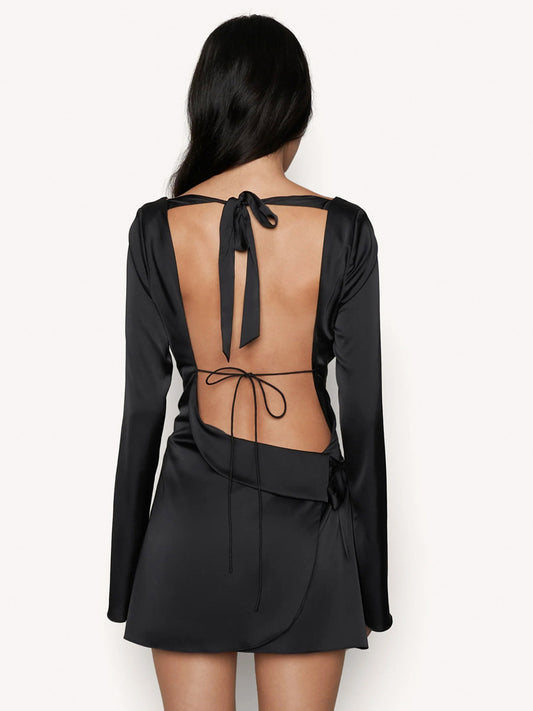 Simple Bodycon Dress Boatneck Open Back Lace Up Party Mini Dresses