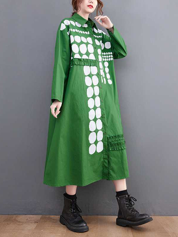 A-Line Long Sleeves Asymmetric Buttoned Polka-Dot Lapel Midi Dresses